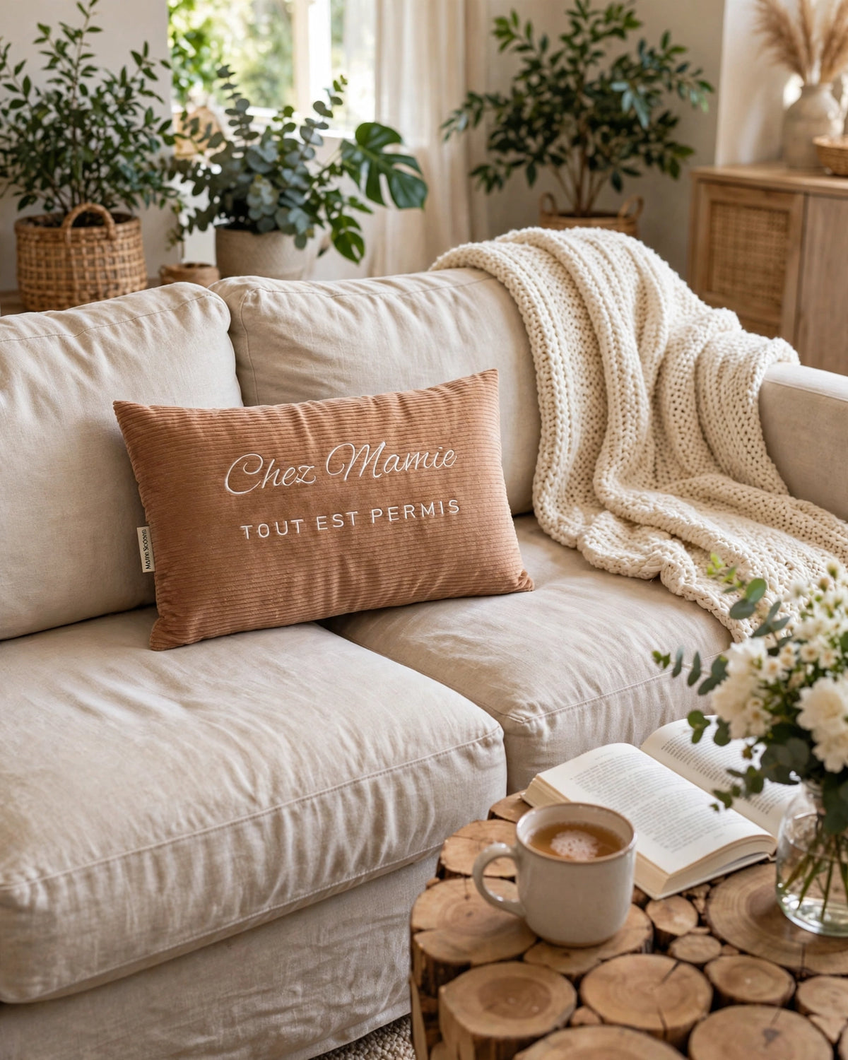 Coussin brodé « Chez Mamie, tout est permis » marron clair posé sur un canapé en lin avec plaid en maille – Maison Sicciano