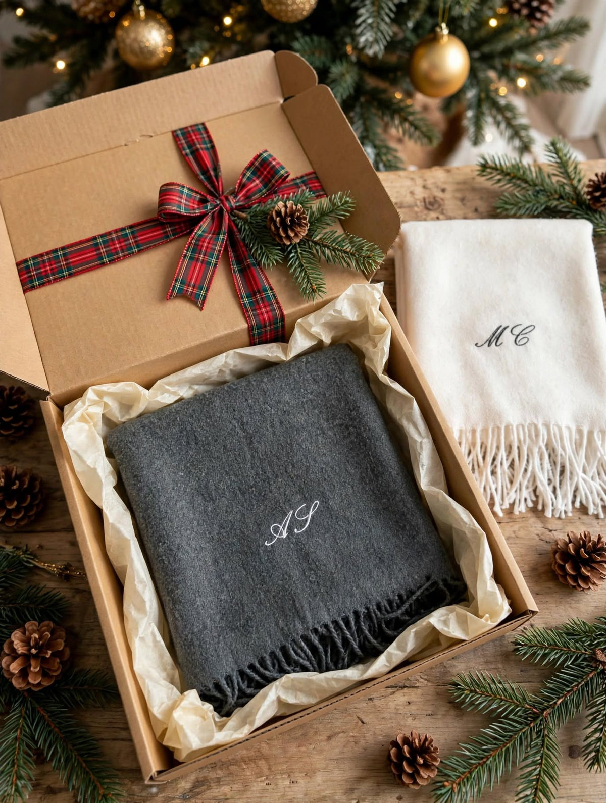 Écharpes grise et blanche brodées d’initiales, coffret cadeau avec ruban tartan