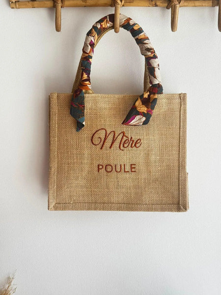 Petit sac en jute brodé « Mère poule » – ruban automne