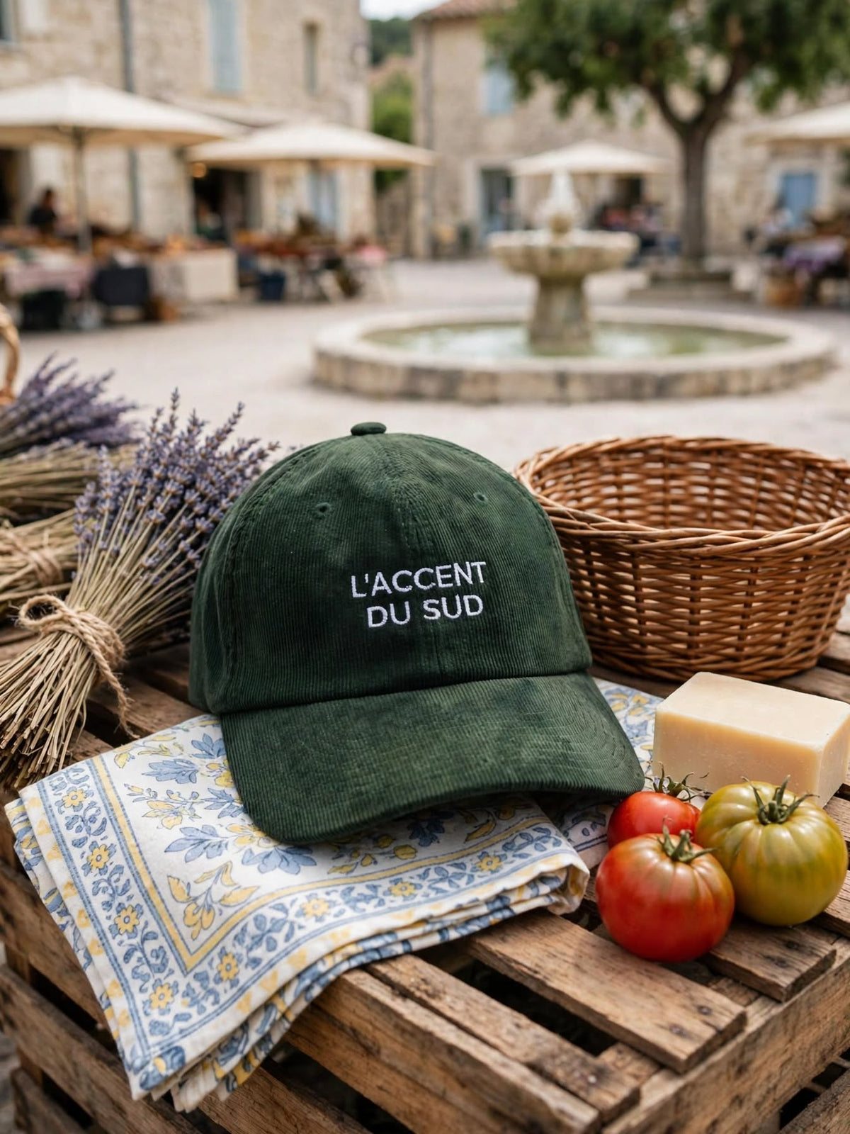 Casquette en velours côtelé vert sapin brodée L'accent du sud sur un étal de marché provençal, avec lavande, panier en osier, savon de Marseille et tomates