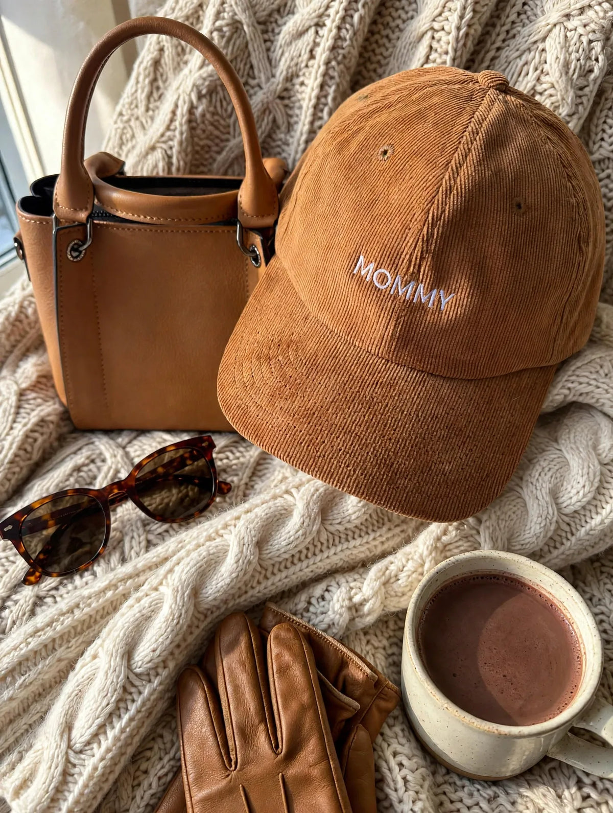 Casquette en velours côtelé marron brodée Mommy, posée sur un plaid en maille avec un sac en cuir et un chocolat chaud