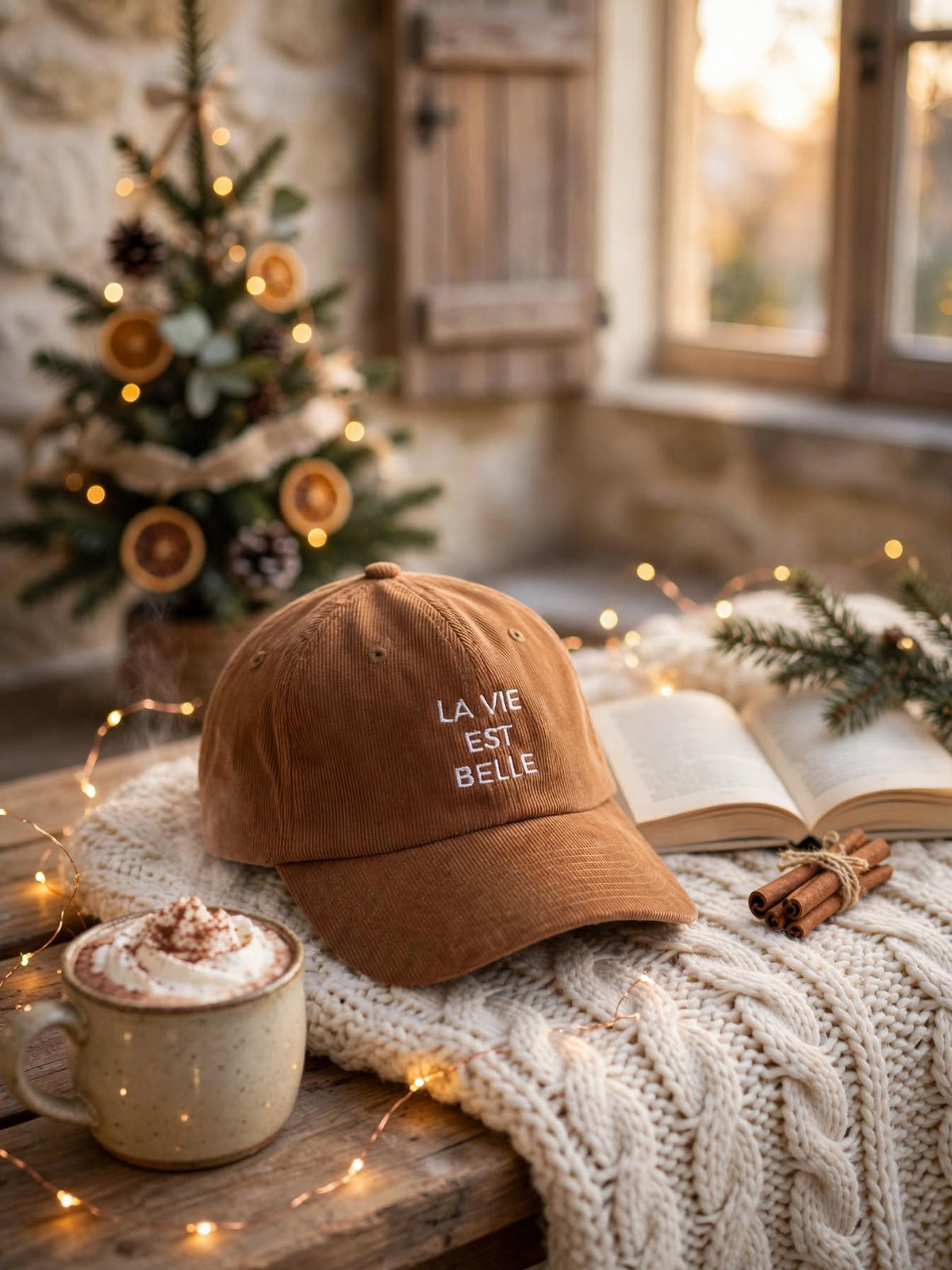 Casquette en velours côtelé camel brodée La vie est belle sur un plaid en maille, avec chocolat chaud, cannelle et sapin de Noël, ambiance cocooning
