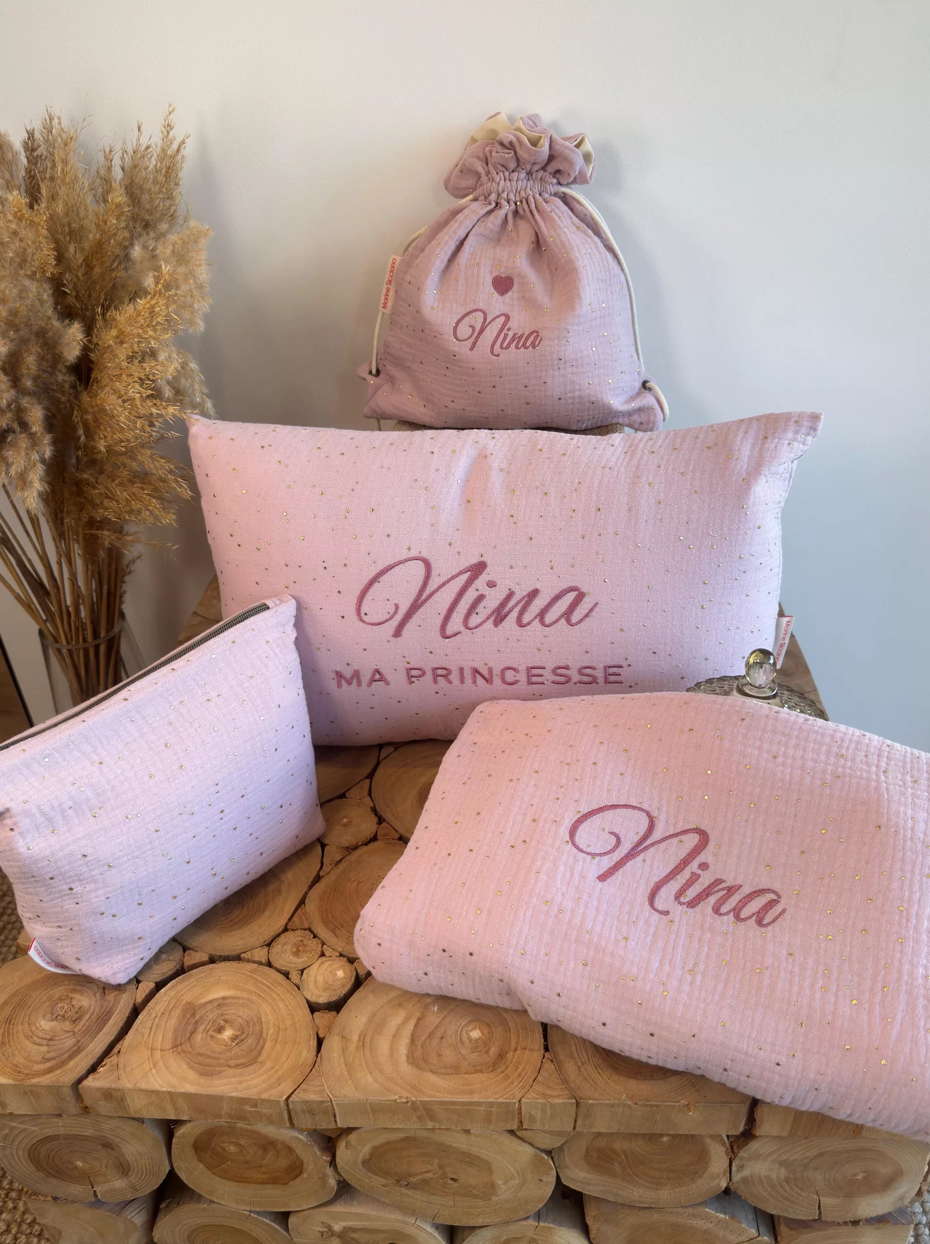 Parure bébé – Plaids + Sac enfant + Coussin + Pochette Coton