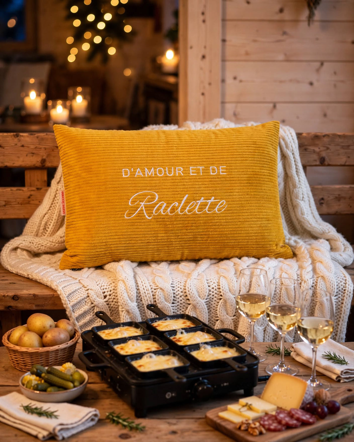 Coussin brodé « D'amour et de raclette » en velours côtelé jaune moutarde sur un banc en bois avec plaid en maille, devant une table de raclette – Maison Sicciano