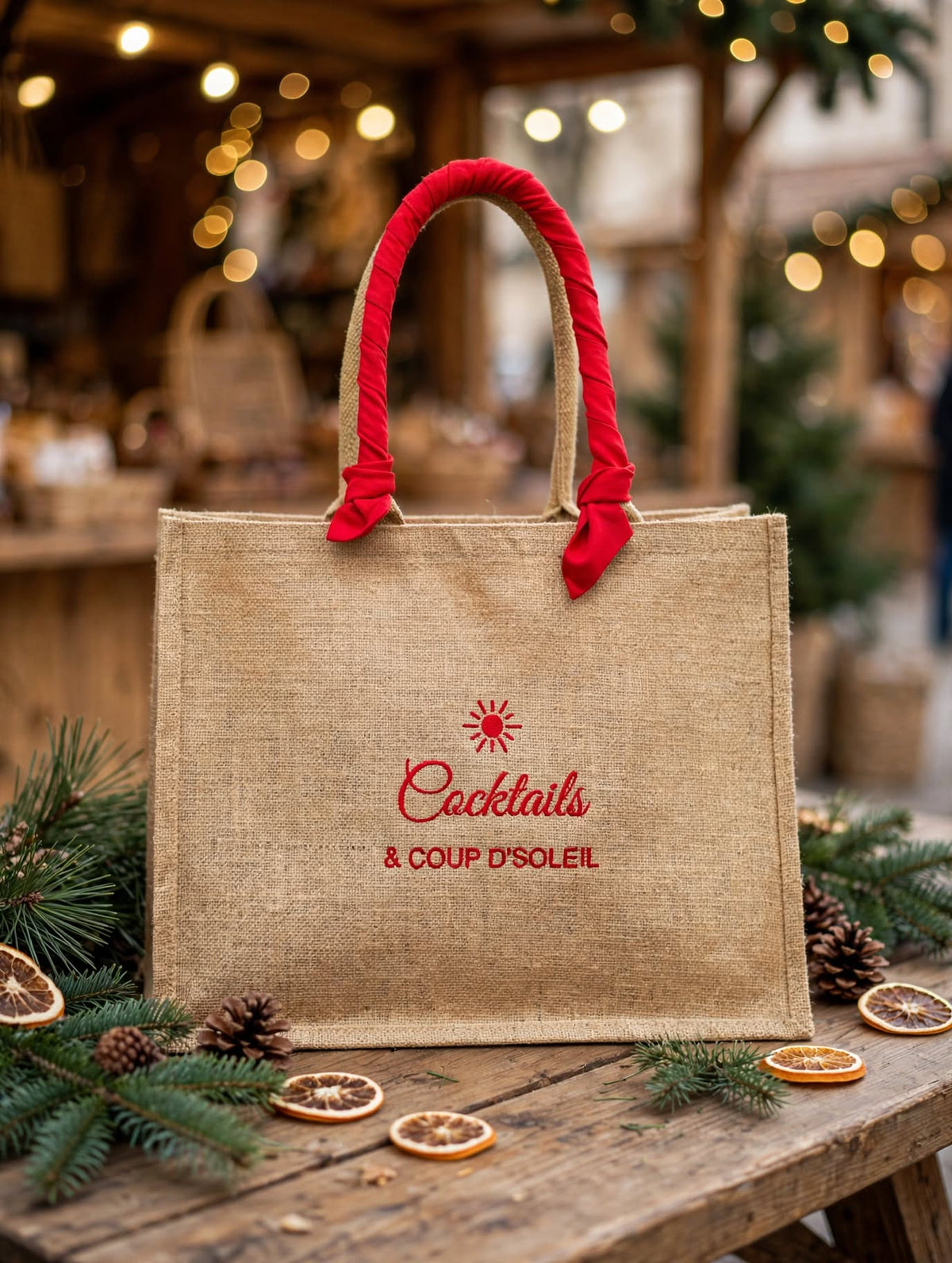 Sac cabas en jute brodé Cocktails et coup d’soleil avec ruban rouge sur un marché de Noël