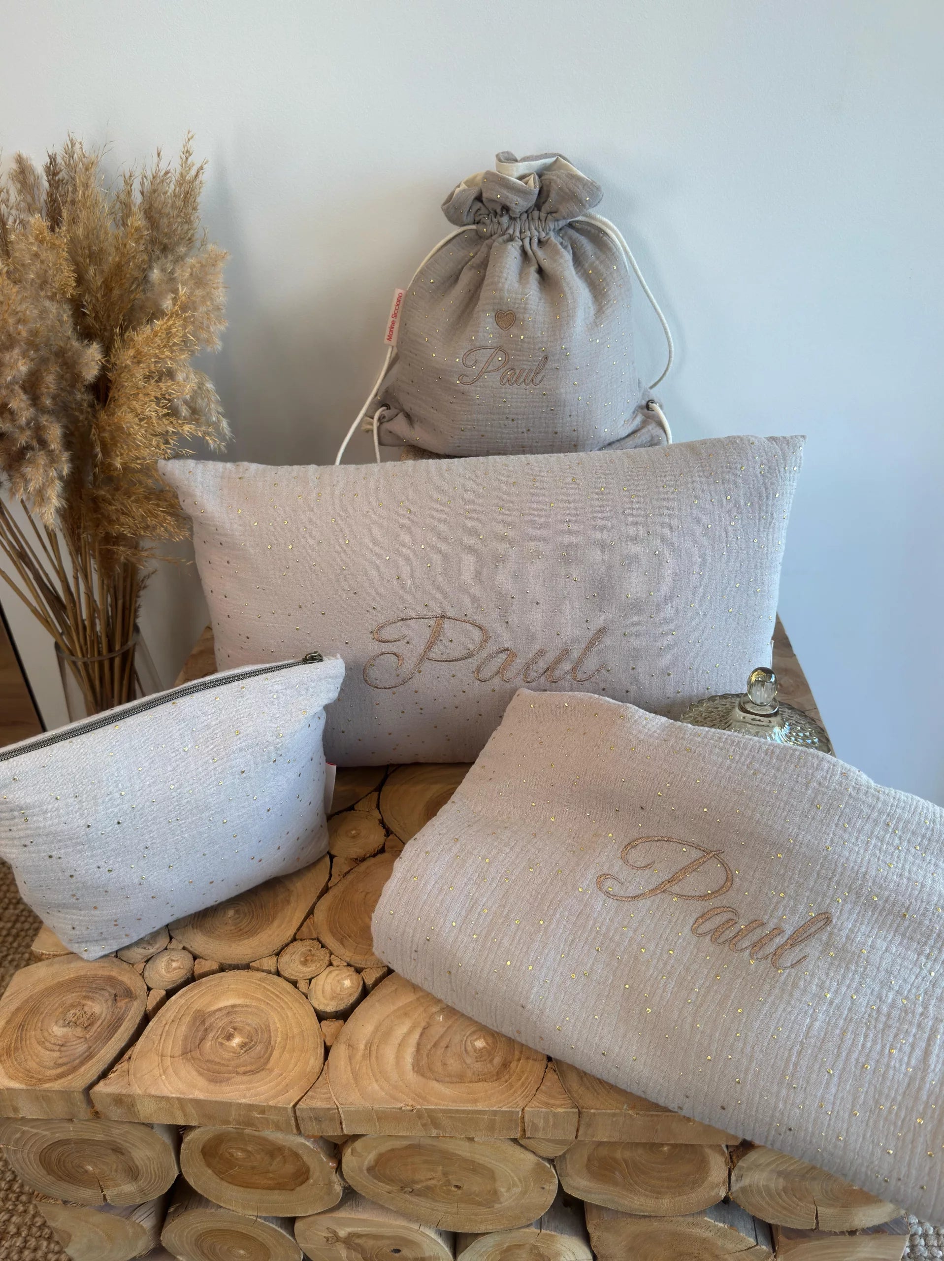 Parure bébé – Plaids + Sac enfant + Coussin + Pochette Coton