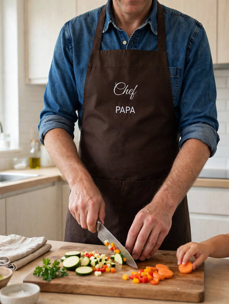 Tablier brodé « Chef Papa » – marron foncé