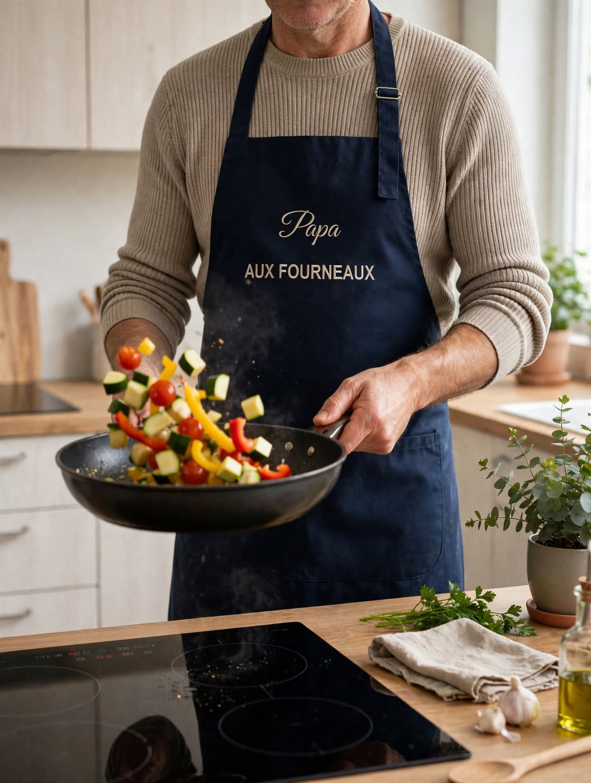 Papa portant le tablier noir brodé Papa aux fourneaux en cuisine