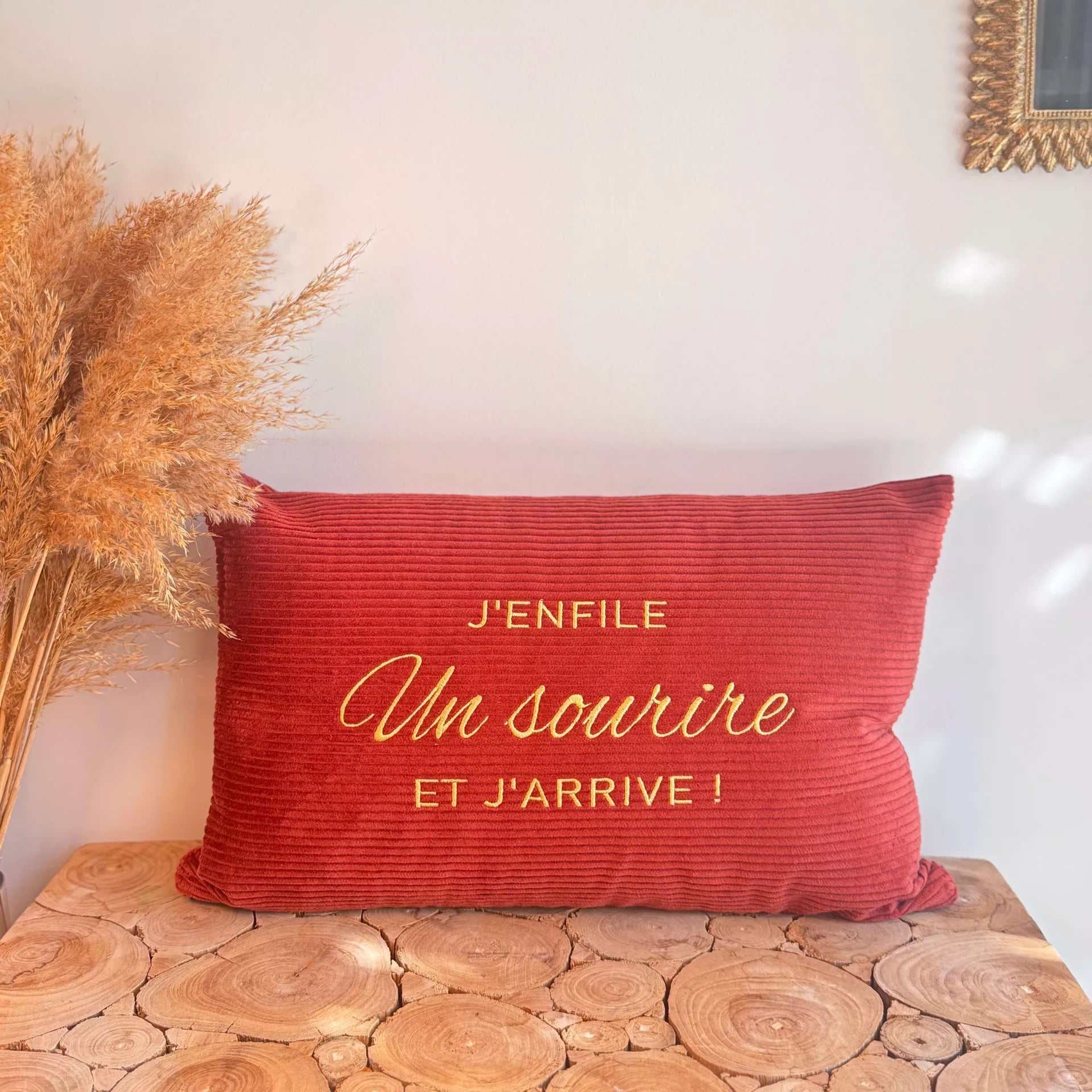 Coussin terracotta - J'enfile un sourire et j'arrive