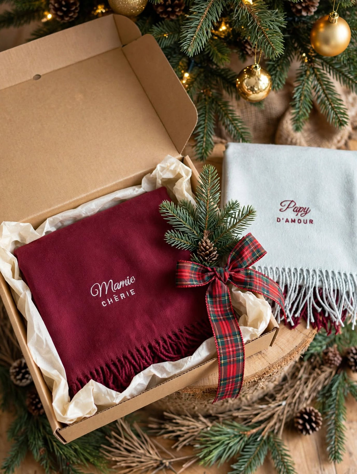Écharpes brodées Mamie chérie et Papy d’amour dans une boîte cadeau avec ruban tartan, cadeau de Noël pour grands-parents