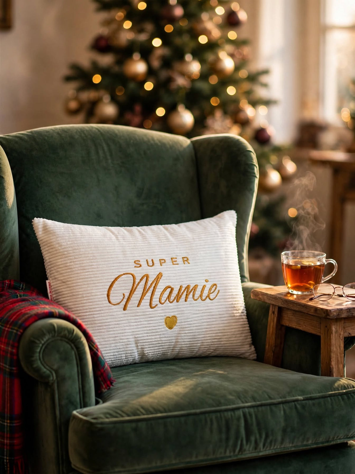 Coussin en velours côtelé écru brodé Super Mamie dans un fauteuil vert devant le sapin de Noël, cadeau pour grand-mère