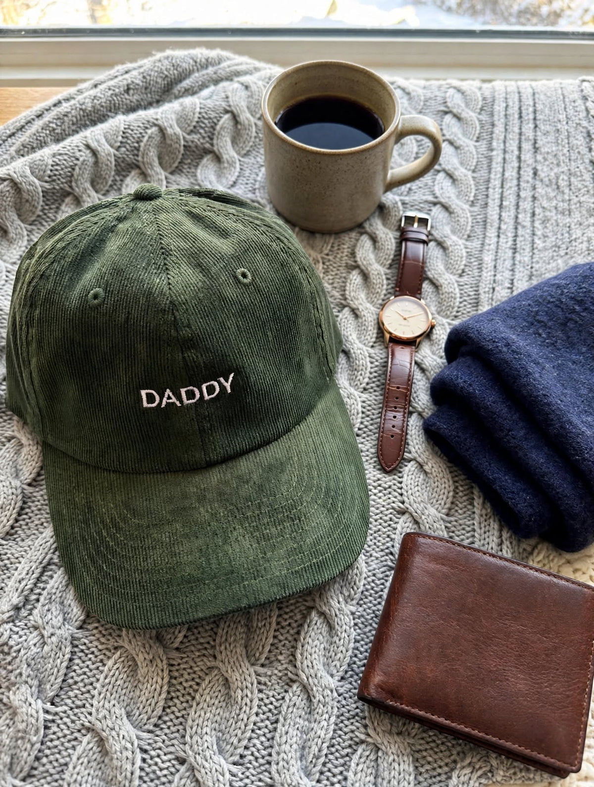 Casquette en velours côtelé vert sapin brodée Daddy, posée sur un plaid en maille avec une montre, un café et un portefeuille en cuir