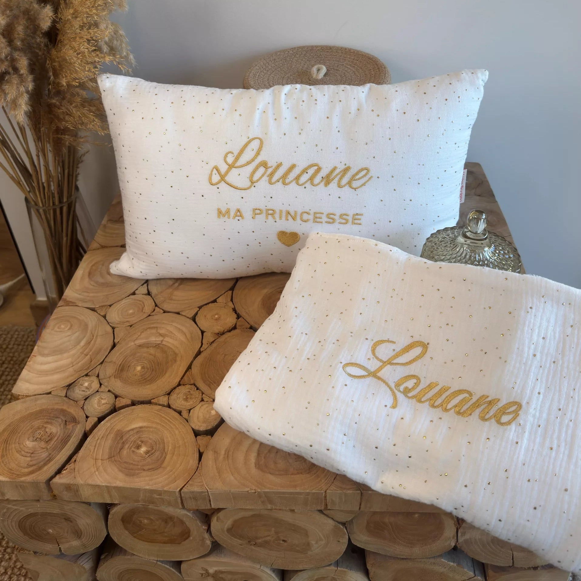 Parure bébé – Plaids + coussin gaze de coton