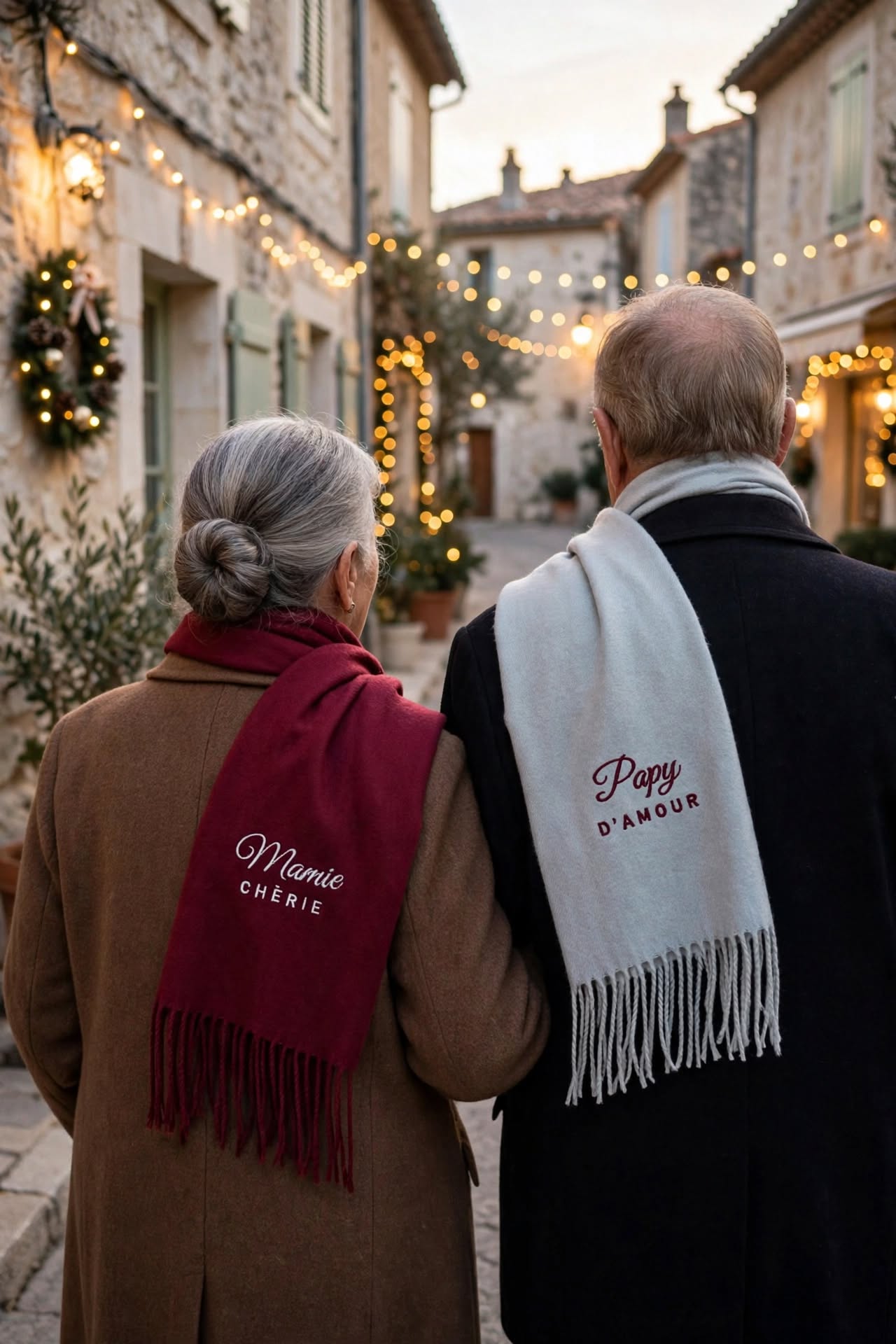Couple de grands-parents portant les écharpes brodées Mamie chérie et Papy d’amour dans un village provençal décoré pour Noël