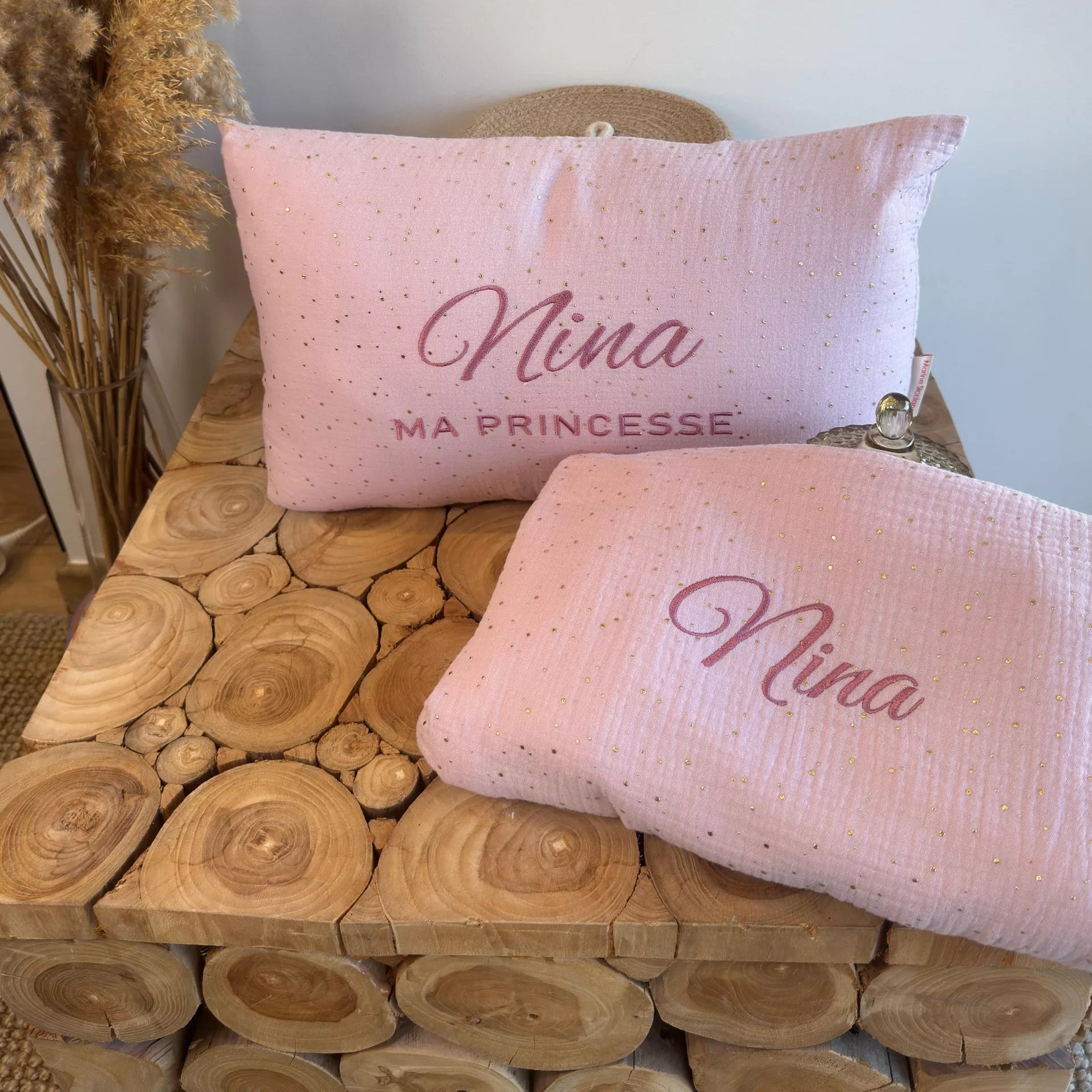 Parure bébé – Plaids + coussin gaze de coton
