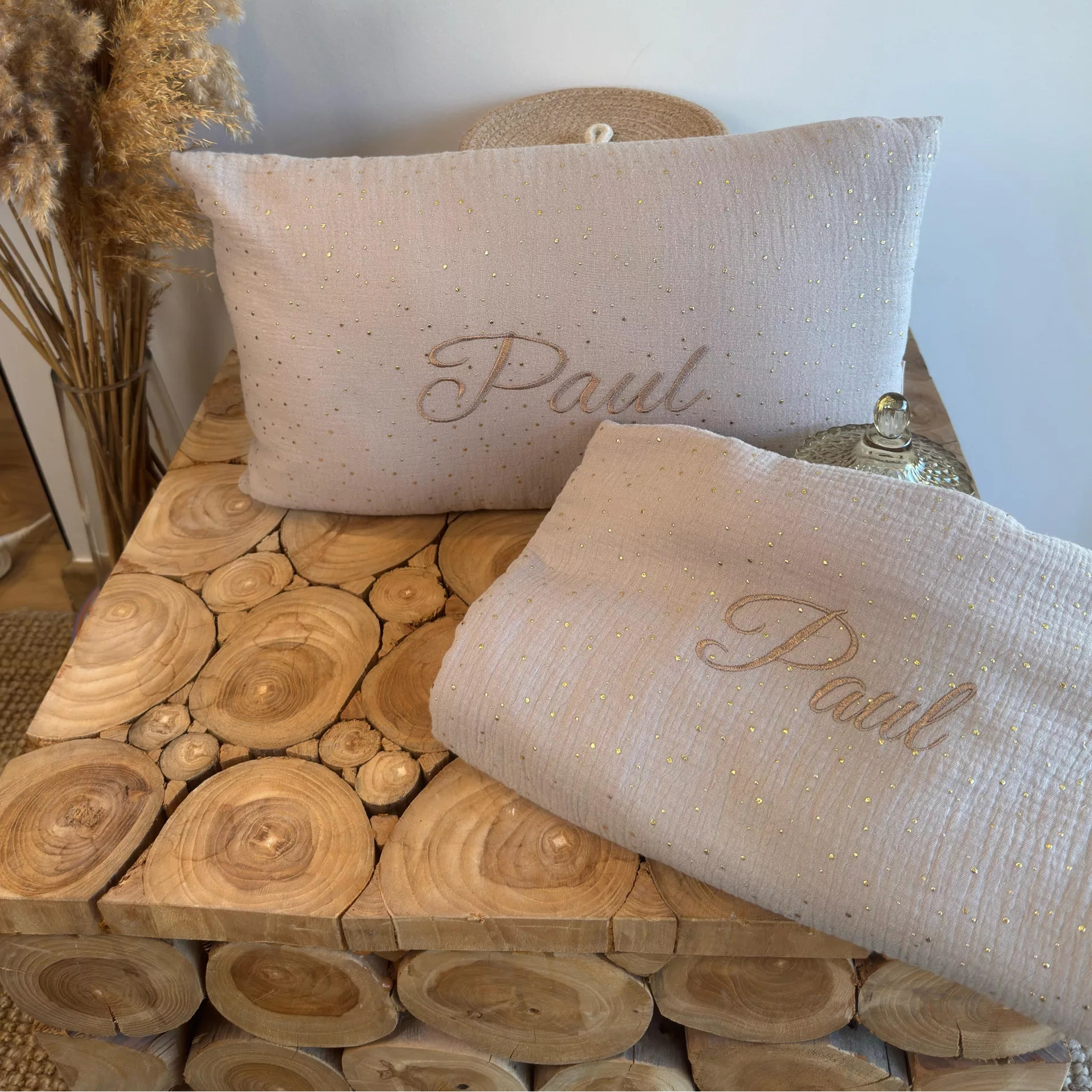 Parure bébé – Plaids + coussin gaze de coton