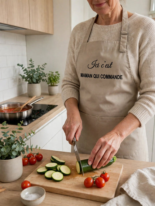 Tablier brodé « Ici c'est maman qui commande » – beige